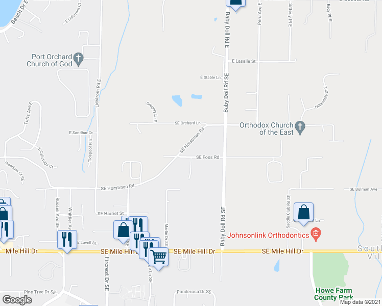 map of restaurants, bars, coffee shops, grocery stores, and more near 4563 Southeast Foss Road in Port Orchard