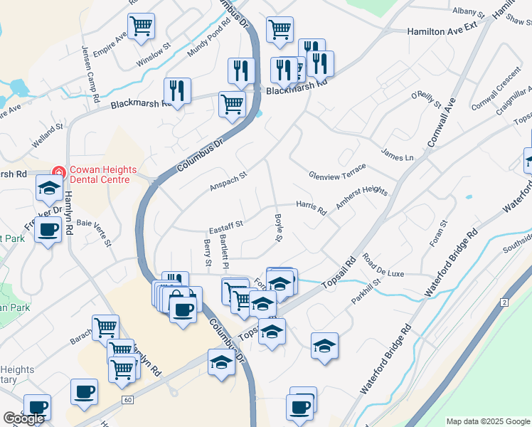 map of restaurants, bars, coffee shops, grocery stores, and more near 5 Eastaff Street in St. John's