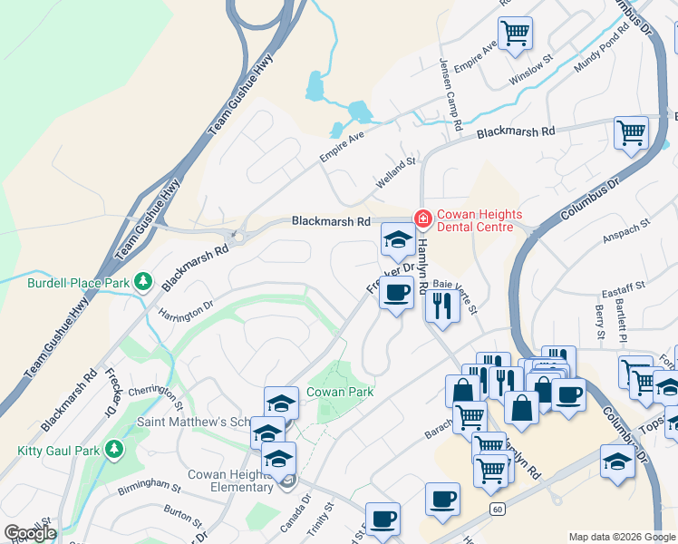 map of restaurants, bars, coffee shops, grocery stores, and more near 33 Duntara Crescent in St. John's