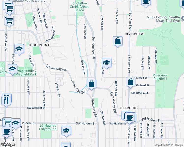 map of restaurants, bars, coffee shops, grocery stores, and more near 7045 Delridge Way Southwest in Seattle