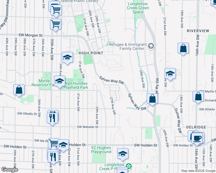 map of restaurants, bars, coffee shops, grocery stores, and more near 2705 Southwest Sylvan Heights Drive in Seattle