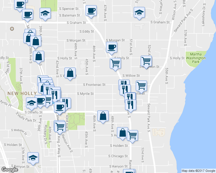 map of restaurants, bars, coffee shops, grocery stores, and more near 4639 South Frontenac Street in Seattle