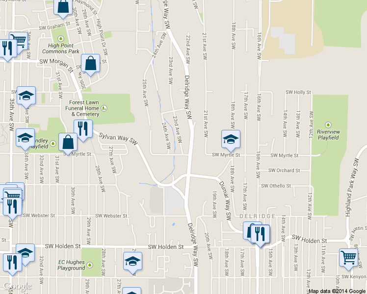 map of restaurants, bars, coffee shops, grocery stores, and more near 7045 Delridge Way Southwest in Seattle
