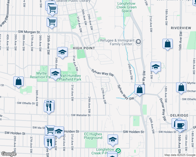 map of restaurants, bars, coffee shops, grocery stores, and more near 2713 Southwest Sylvan Heights Drive in Seattle