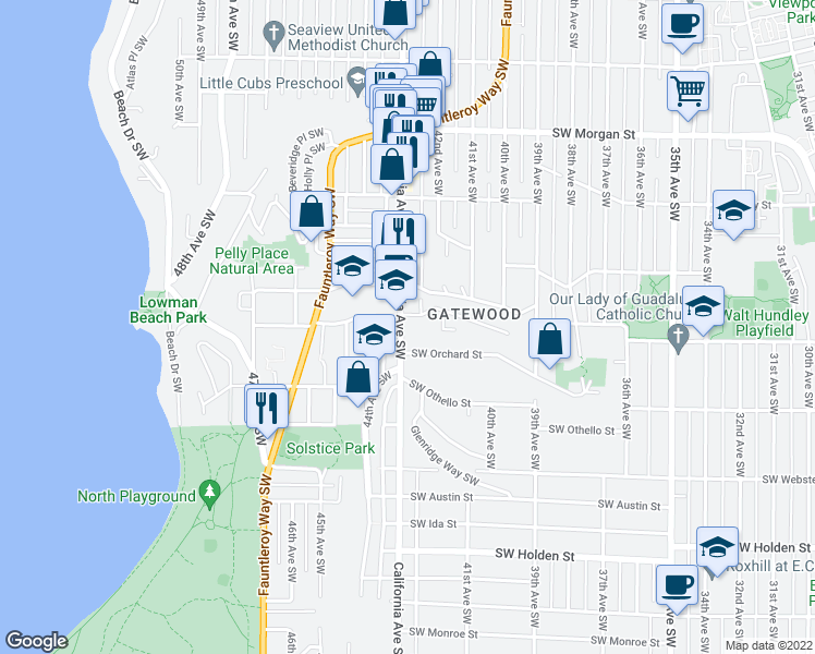 map of restaurants, bars, coffee shops, grocery stores, and more near 7114 California Avenue Southwest in Seattle
