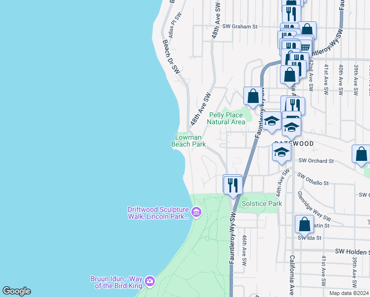 map of restaurants, bars, coffee shops, grocery stores, and more near 7043 1/2 Beach Drive Southwest in Seattle