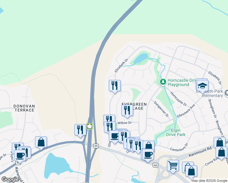 map of restaurants, bars, coffee shops, grocery stores, and more near 70 Elizabeth Drive in Paradise