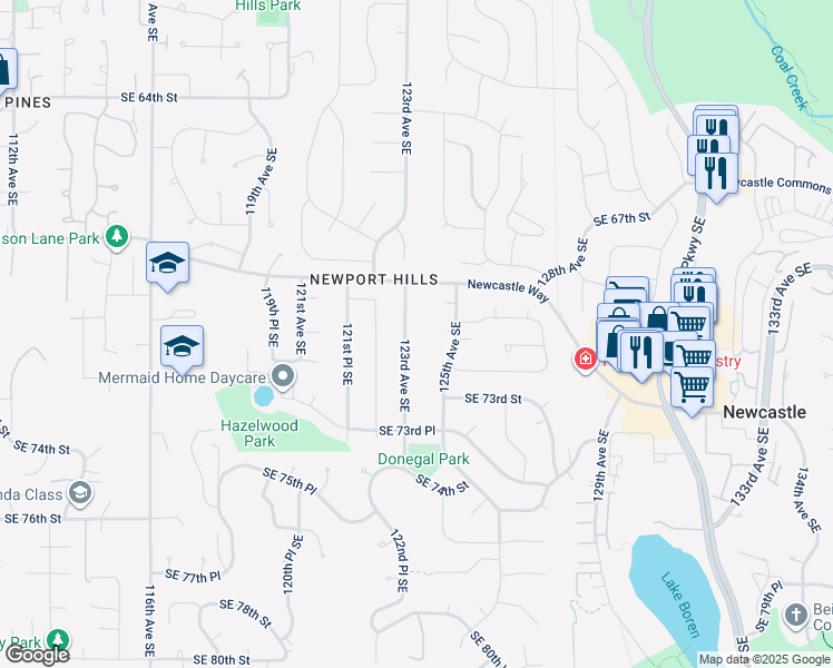 map of restaurants, bars, coffee shops, grocery stores, and more near 7030 123rd Avenue Southeast in Newcastle