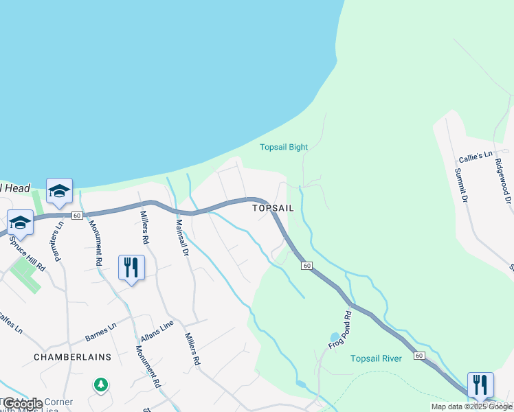 map of restaurants, bars, coffee shops, grocery stores, and more near 2297 Topsail Road in Conception Bay South