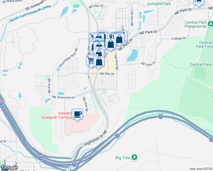 map of restaurants, bars, coffee shops, grocery stores, and more near 1317 Brooklyn Walk Northeast in Issaquah