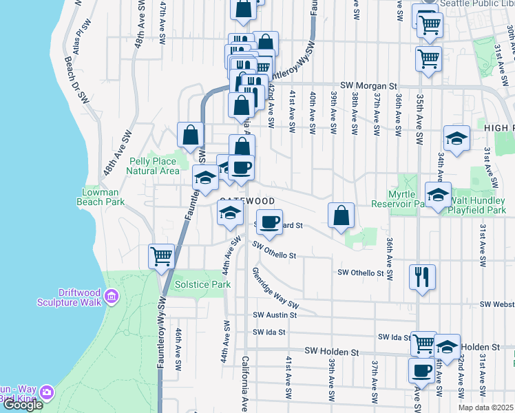 map of restaurants, bars, coffee shops, grocery stores, and more near 7114 California Avenue Southwest in Seattle