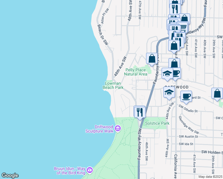 map of restaurants, bars, coffee shops, grocery stores, and more near 7035 Beach Drive Southwest in Seattle