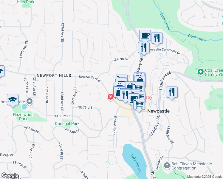 map of restaurants, bars, coffee shops, grocery stores, and more near 12828 Newcastle Way in Newcastle
