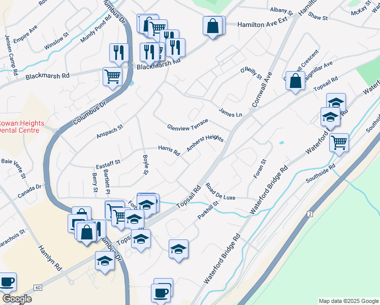 map of restaurants, bars, coffee shops, grocery stores, and more near 37 Amherst Heights in St. John's