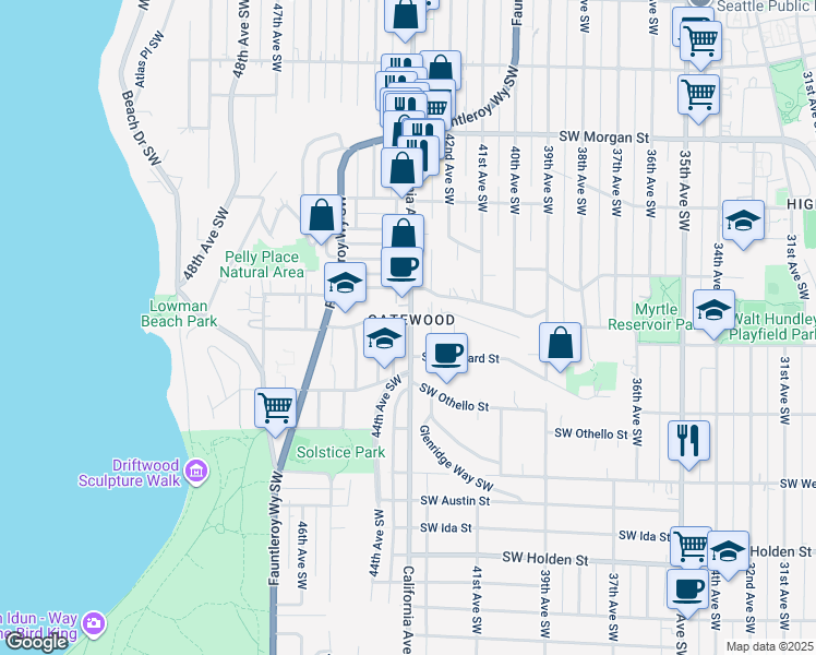 map of restaurants, bars, coffee shops, grocery stores, and more near 7110 44th Avenue Southwest in Seattle