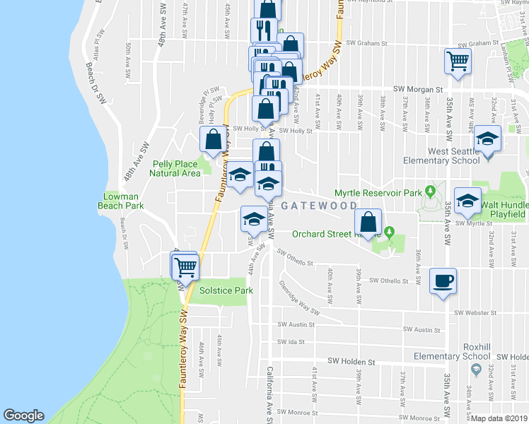 map of restaurants, bars, coffee shops, grocery stores, and more near 7110 44th Avenue Southwest in Seattle