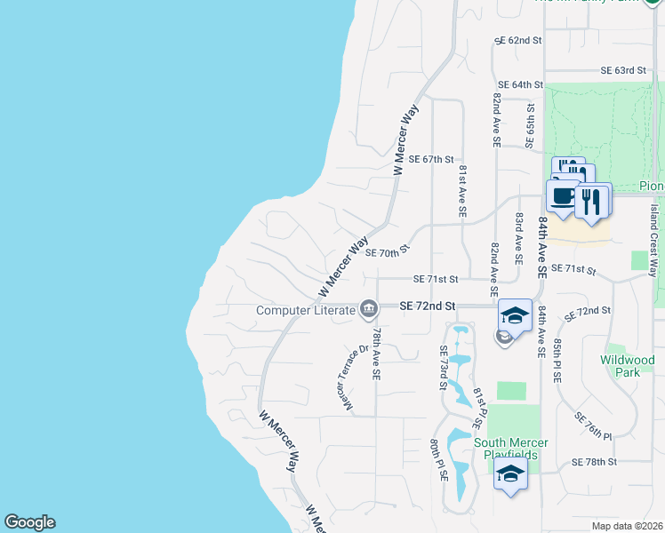 map of restaurants, bars, coffee shops, grocery stores, and more near 7580 Southeast 71st Street in Mercer Island