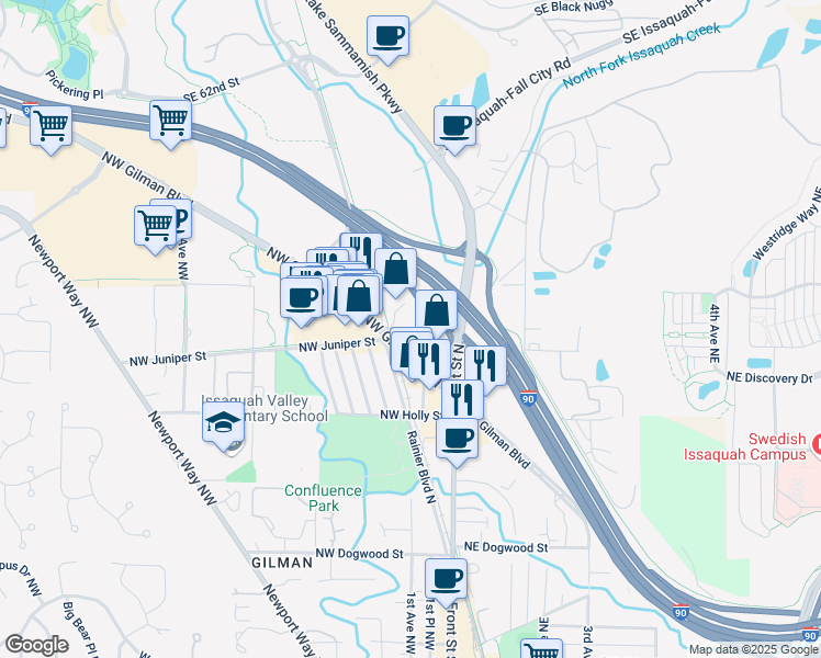 map of restaurants, bars, coffee shops, grocery stores, and more near 120 Northwest Gilman Boulevard in Issaquah