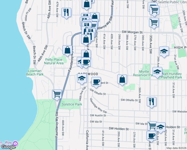 map of restaurants, bars, coffee shops, grocery stores, and more near 4221 Southwest Myrtle Street in Seattle