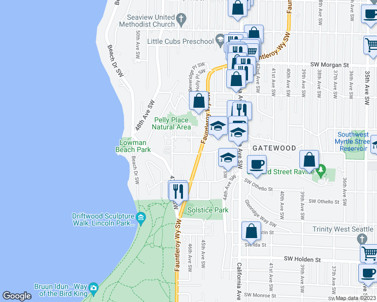 map of restaurants, bars, coffee shops, grocery stores, and more near 7027 46th Avenue Southwest in Seattle