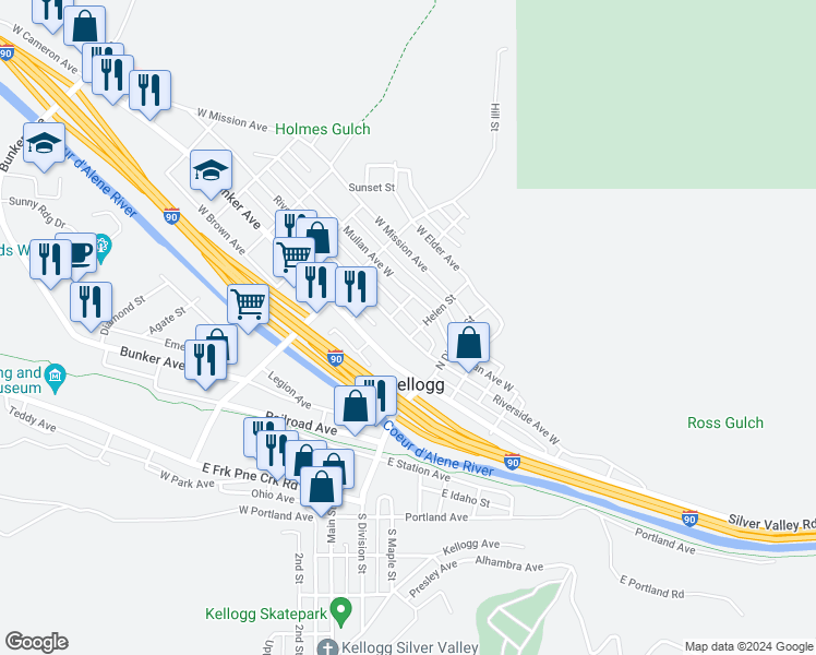 map of restaurants, bars, coffee shops, grocery stores, and more near 104 Riverside Avenue West in Kellogg