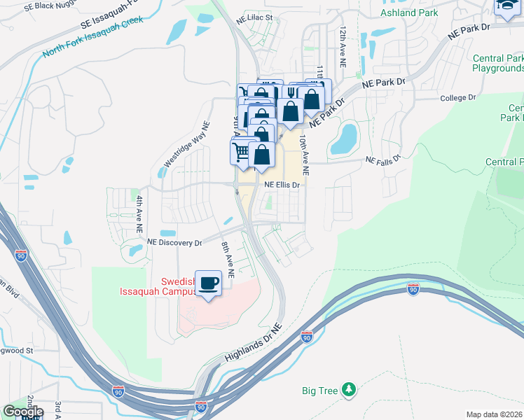 map of restaurants, bars, coffee shops, grocery stores, and more near 1321 Greenwich Walk Northeast in Issaquah
