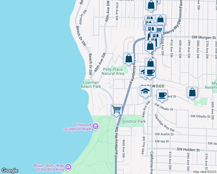 map of restaurants, bars, coffee shops, grocery stores, and more near 7019 47th Avenue Southwest in Seattle