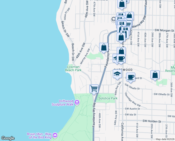 map of restaurants, bars, coffee shops, grocery stores, and more near 7080 Lincoln Park Way Southwest in Seattle
