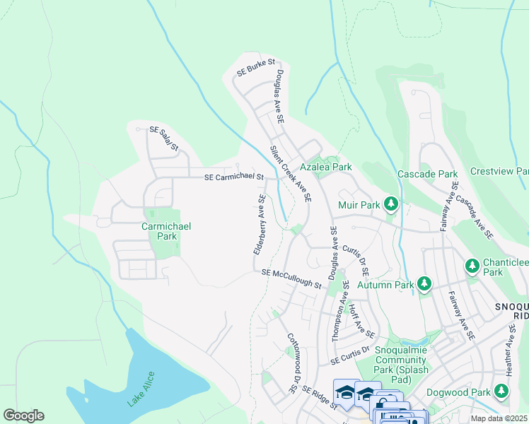 map of restaurants, bars, coffee shops, grocery stores, and more near 6827 Elderberry Avenue Southeast in Snoqualmie