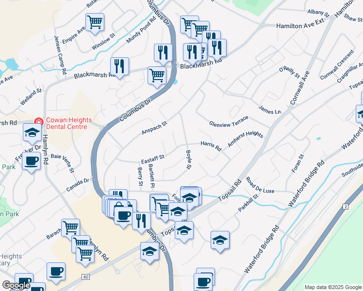map of restaurants, bars, coffee shops, grocery stores, and more near 5 Eastaff Street in St. John's