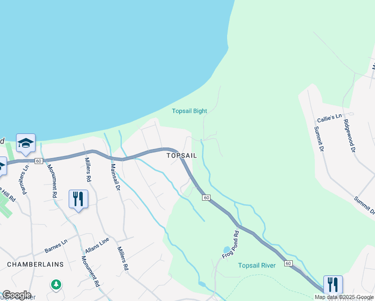map of restaurants, bars, coffee shops, grocery stores, and more near 6 Topsail Beach Road in Conception Bay South