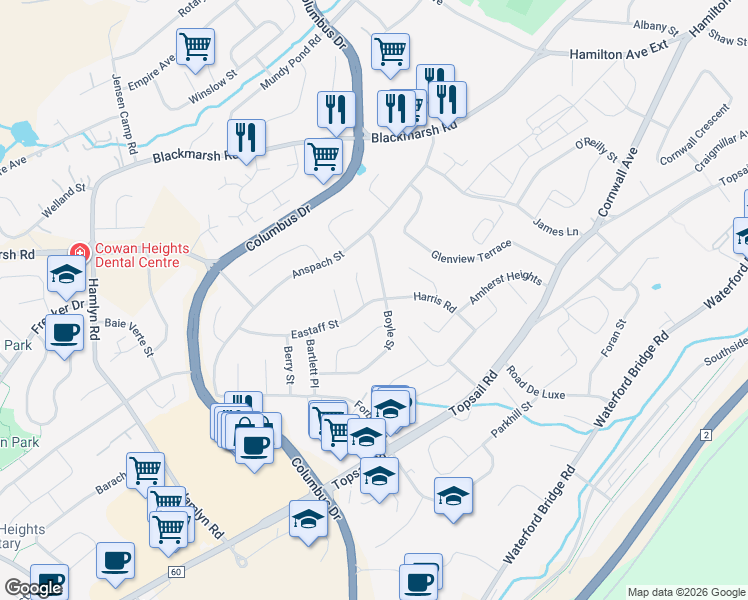 map of restaurants, bars, coffee shops, grocery stores, and more near 4 Eastaff Street in Saint John's