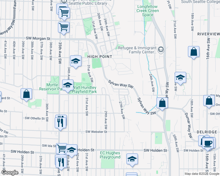 map of restaurants, bars, coffee shops, grocery stores, and more near 2747 Southwest Sylvan Heights Drive in Seattle