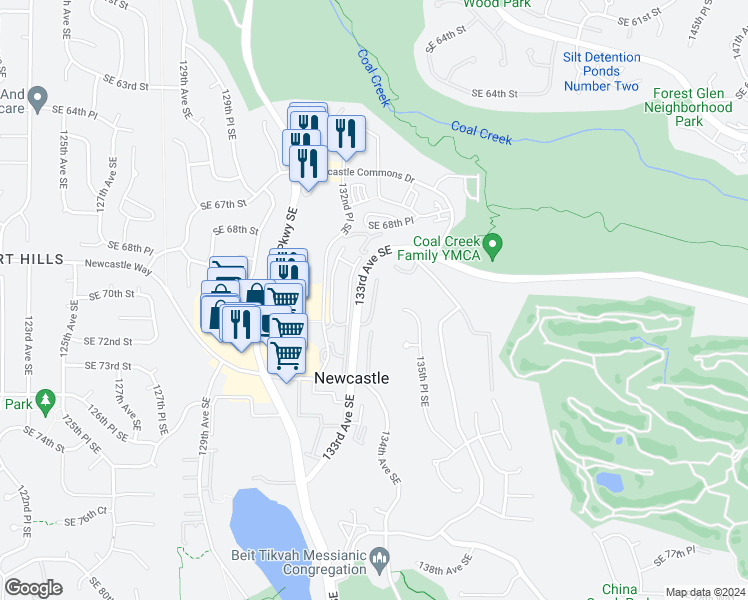 map of restaurants, bars, coffee shops, grocery stores, and more near 6981 134th Court Southeast in Newcastle