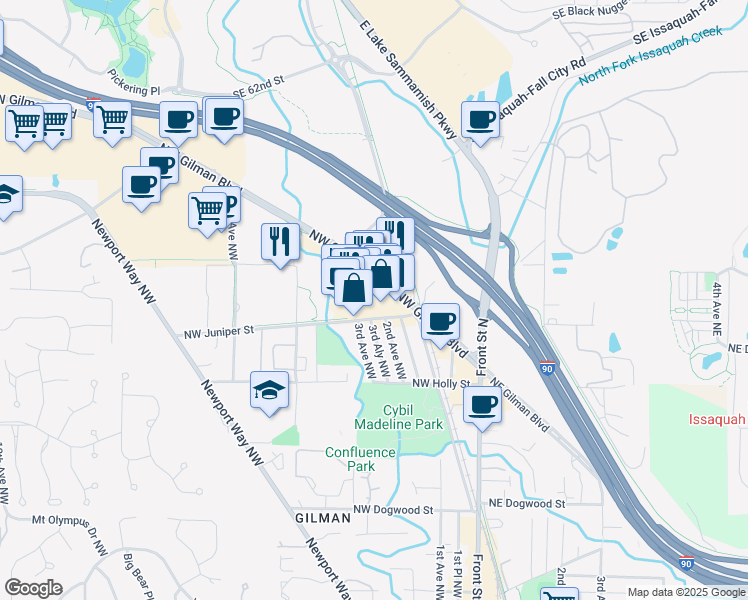 map of restaurants, bars, coffee shops, grocery stores, and more near 317 Northwest Gilman Boulevard in Issaquah