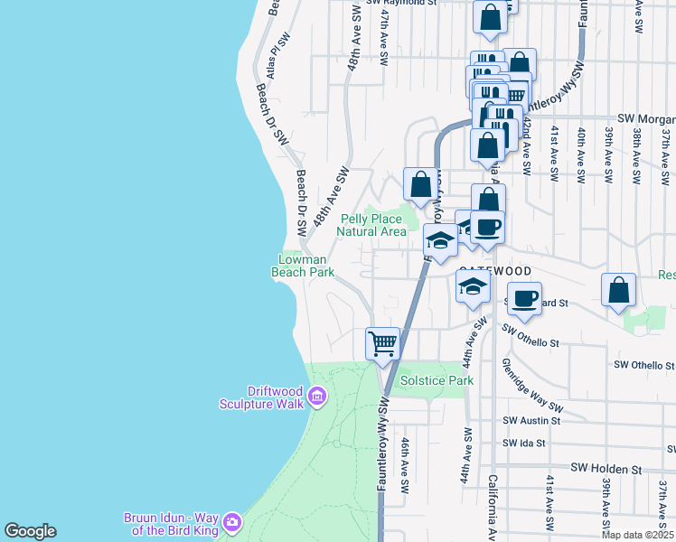 map of restaurants, bars, coffee shops, grocery stores, and more near 7060 Lincoln Park Way Southwest in Seattle