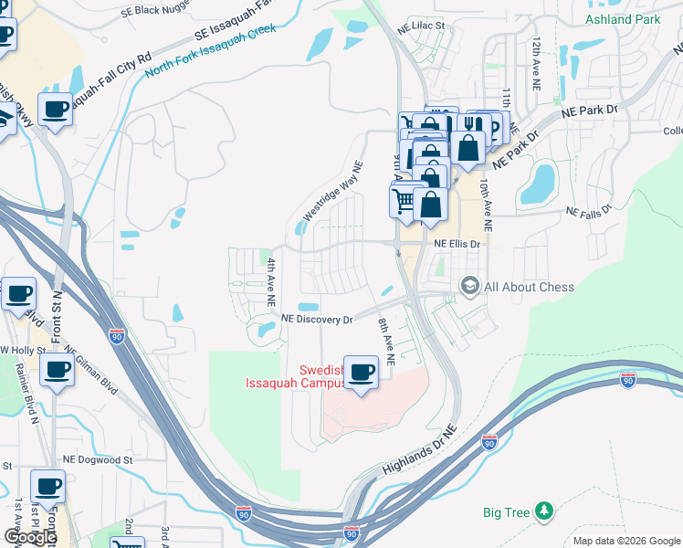 map of restaurants, bars, coffee shops, grocery stores, and more near 917 6th Avenue Northeast in Issaquah