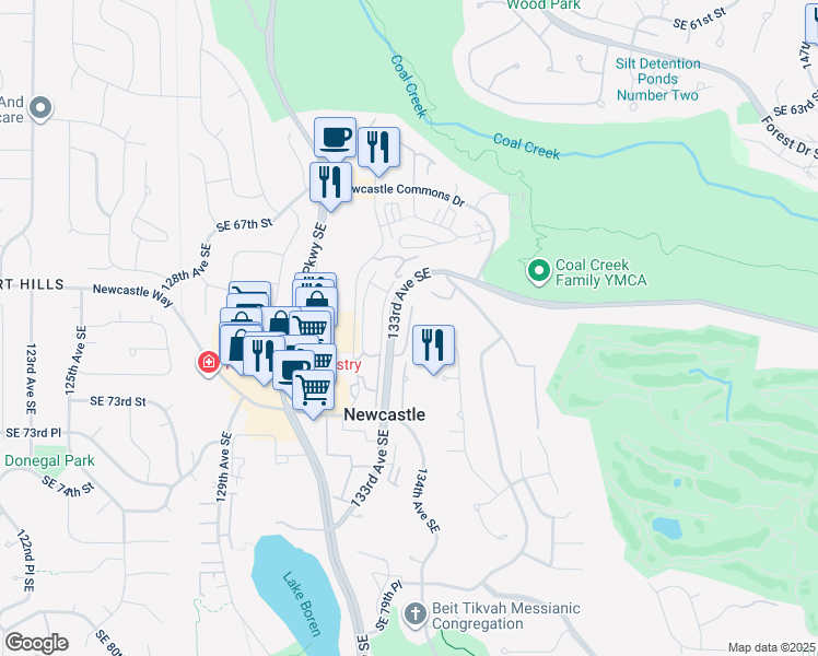 map of restaurants, bars, coffee shops, grocery stores, and more near 6981 134th Court Southeast in Newcastle