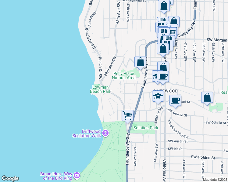 map of restaurants, bars, coffee shops, grocery stores, and more near 7080 Lincoln Park Way Southwest in Seattle