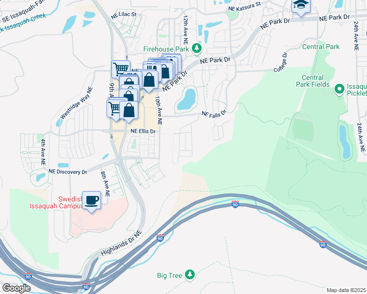 map of restaurants, bars, coffee shops, grocery stores, and more near 1187 Pine Crest Circle Northeast in Issaquah