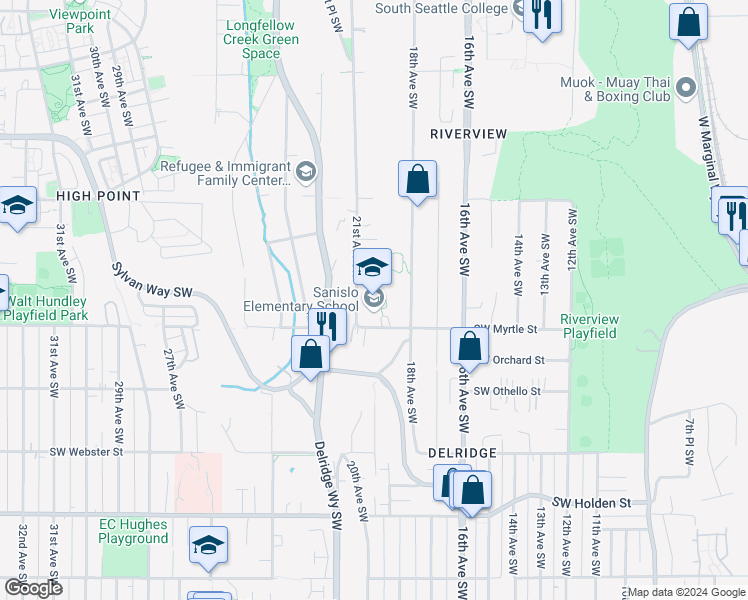 map of restaurants, bars, coffee shops, grocery stores, and more near 1812 Southwest Myrtle Street in Seattle