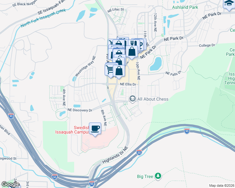 map of restaurants, bars, coffee shops, grocery stores, and more near 1362 Williamsburg Walk Northeast in Issaquah