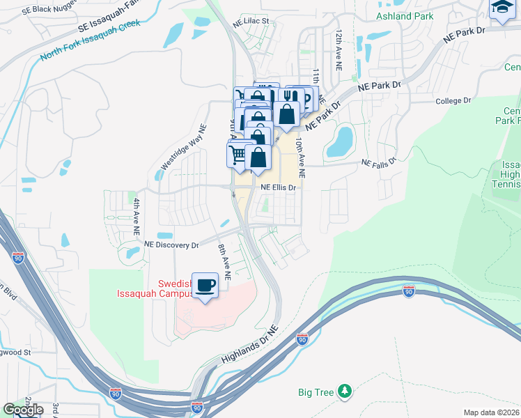 map of restaurants, bars, coffee shops, grocery stores, and more near 1327 Greenwich Walk Northeast in Issaquah