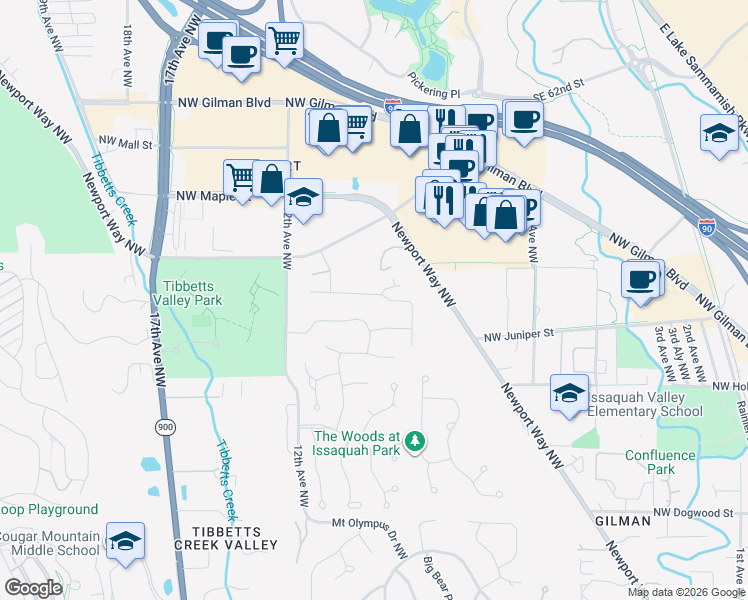 map of restaurants, bars, coffee shops, grocery stores, and more near 995 Northwest Pickering Street in Issaquah