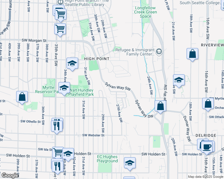 map of restaurants, bars, coffee shops, grocery stores, and more near 2712 Southwest Sylvan Heights Drive in Seattle