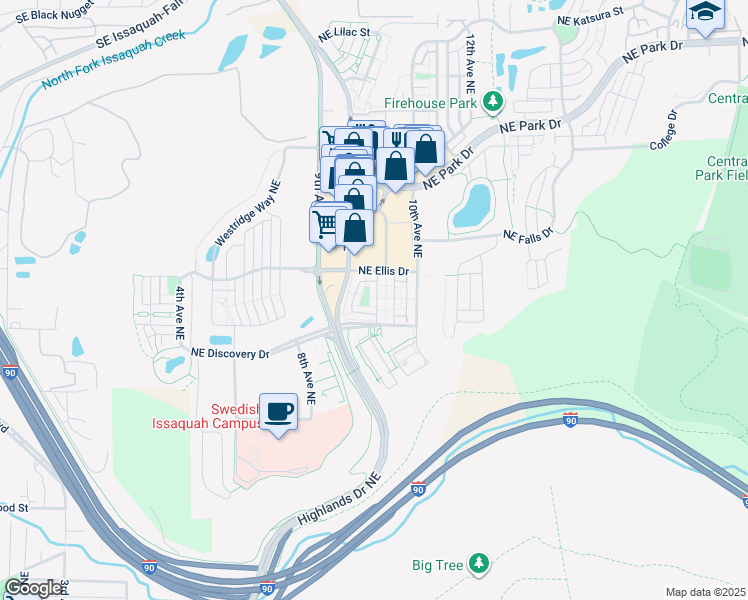 map of restaurants, bars, coffee shops, grocery stores, and more near 1307 Brooklyn Walk Northeast in Issaquah