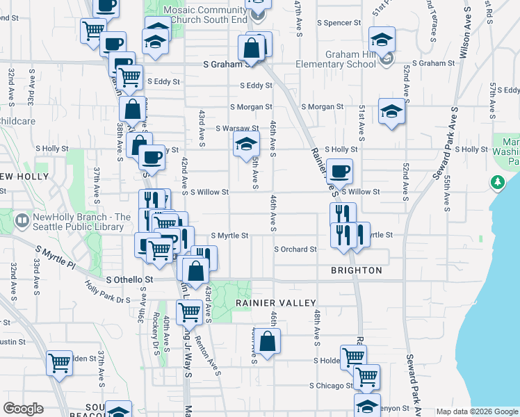 map of restaurants, bars, coffee shops, grocery stores, and more near 7011 46th Avenue South in Seattle