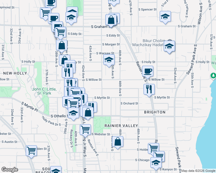 map of restaurants, bars, coffee shops, grocery stores, and more near 4427 South Frontenac Street in Seattle