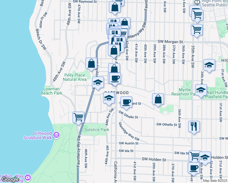 map of restaurants, bars, coffee shops, grocery stores, and more near 7110 44th Avenue Southwest in Seattle