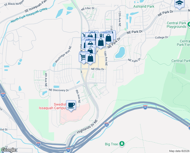 map of restaurants, bars, coffee shops, grocery stores, and more near 1334 Greenwich Walk Northeast in Issaquah